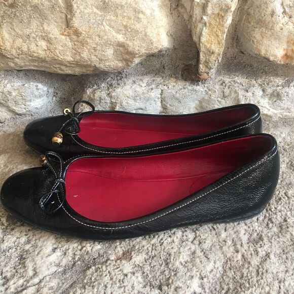 GUCCI Black Patent Leather Ballet Ballerina Flats Shoes Tie Bow Bamboo Toggle 35 - Picture 3 of 7